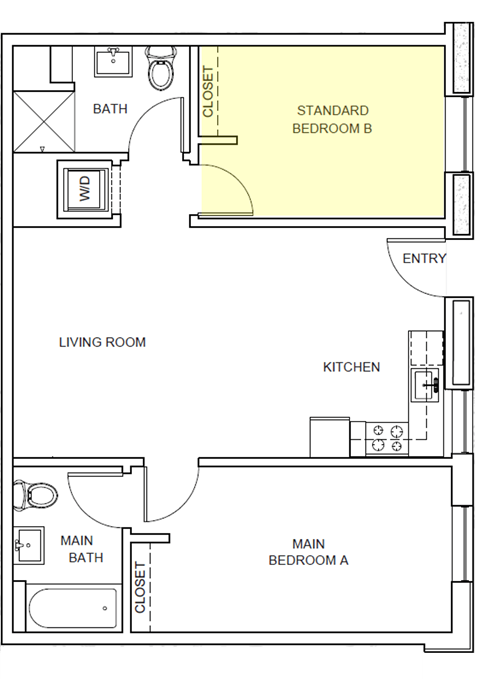 A floor plan of a house with a living room, kitchen, two bathrooms, and two bedrooms.